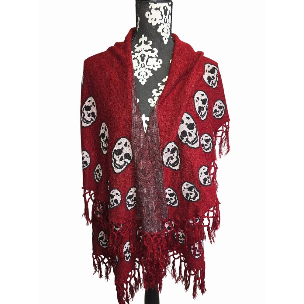 Burgundy Maroon Red & Black Skull Poncho Shawl With Fringe OS Whimsigoth